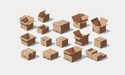 Parcel boxes pack set vector isometric and cardboard postal packages pile open and closed, easily editable.
