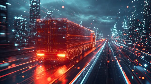 Dynamic transportation and logistics concept with freight transport, digital connectivity, and modern delivery solutions, symbolizing the future of efficient supply chains.