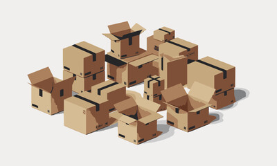 Fototapeta premium Parcel boxes pack set vector isometric and cardboard postal packages pile open and closed, easily editable.