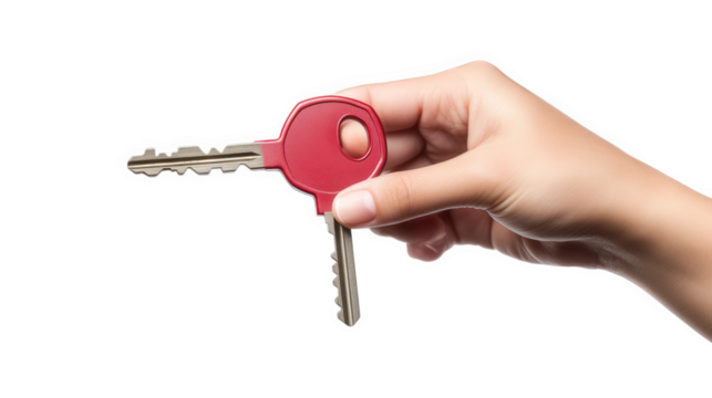 hand holding a set of keys with a distinctive red key among them. suggesting a focus on access or security the background is plain. emphasizing the keys as the central subject