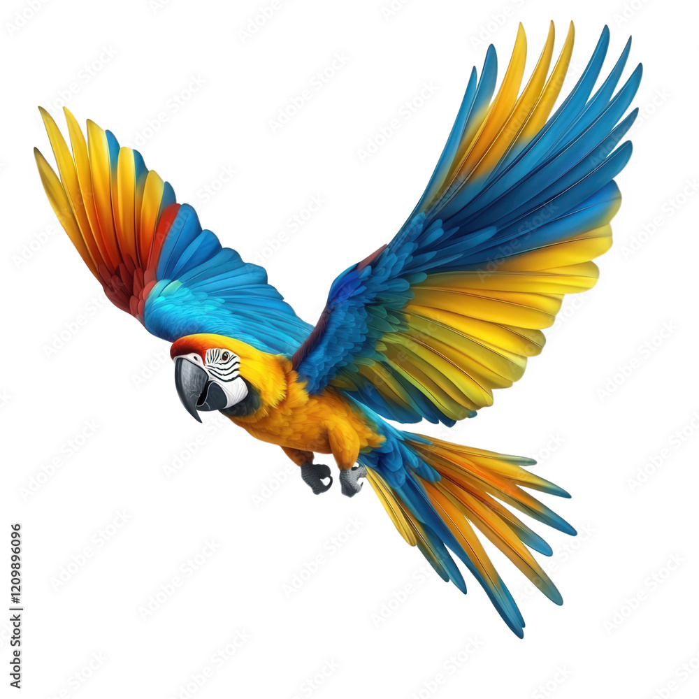 Wall mural a vibrant macaw in mid-flight. showcasing its striking blue and yellow feathers against a plain white background the bird's wings are fully extended. emphasizing its beauty and grace. capturing the es