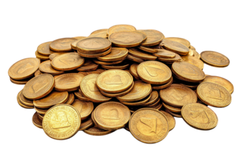 a large pile of golden coins. stacked haphazardly. showcasing their shiny surfaces and distinct designs the coins appear to be currency. possibly representing wealth or savings. and are arranged in a