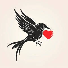 Fototapeta premium Black Bird Flying with Red Heart Illustration on Soft Background