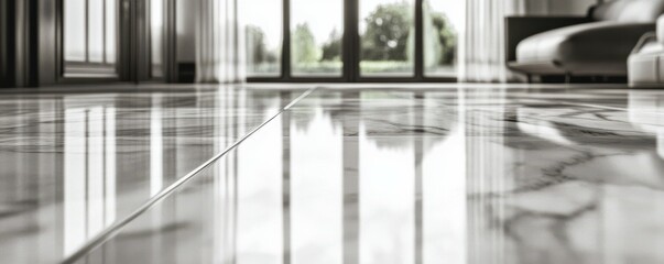 A smooth and polished marble surface, its reflection like a mirror, capturing the world around it.