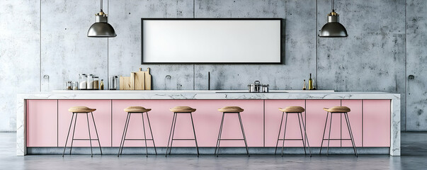 Pink kitchen island, concrete wall, mock-up