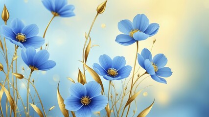 Digital artwork of blue and gold flowers against a soft, blurred background of light blue and yellow hues.