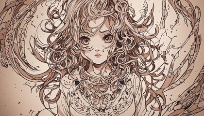 Cartoon of a young woman with long, messy hair