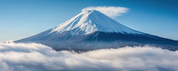 A snow-capped mountain peak piercing the clouds, its slopes covered in a blanket of fresh snow.