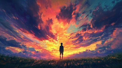 Fototapeta premium Cinematic silhouette of a person standing under a vibrant sunset sky, highly detailed, peaceful and dynamic, serene and striking, natural and beautiful atmosphere
