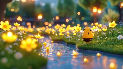 Bee pollinating flowers by stream, park at dusk.  Perfect for children's books