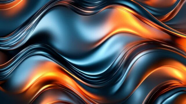 Abstract smooth flowing curves of liquid metal with orange light and blue chrome