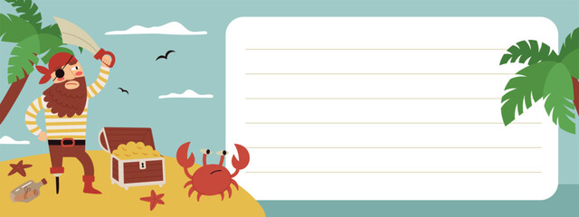 Pirate kids banner,template for party,invitation, flyer.Treasure Island,pirate ship.Vector flat cartoon illustration