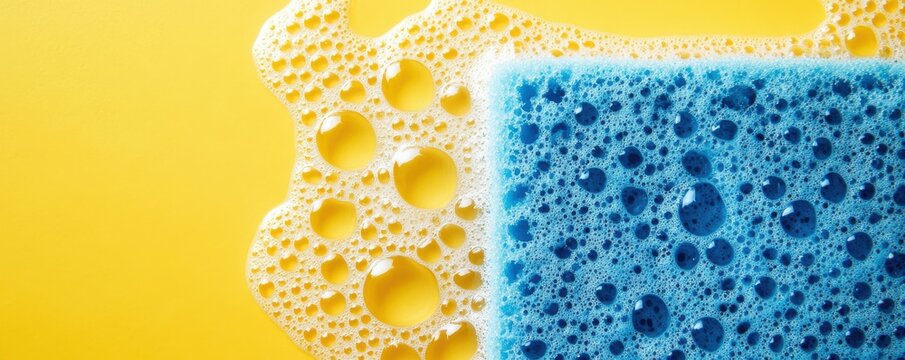 Blue sponge with bubbles on a yellow background, representing cleaning and hygiene concepts, ideal for household product imagery or cleaning services