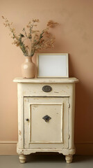 Rustic Cabinet, Dried Flowers, Blank Frame, Peach Wall, Home Decor