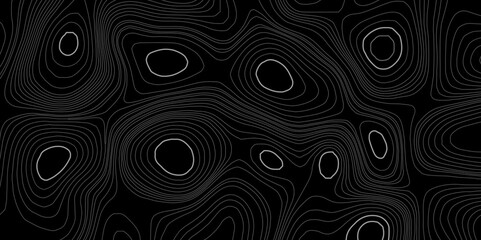 Abstract topography circle with contour map waves paper topo relief line map mountain black background. Curved line topo seamless topography ornament design. Vector background.
