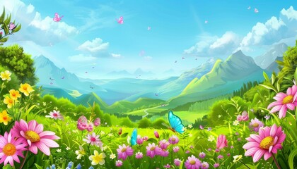 Fototapeta premium A picturesque landscape featuring a lush green meadow overflowing with vibrant flowers, butterflies flitting through the air, and majestic mountains in the background, all under a clear blue sky.