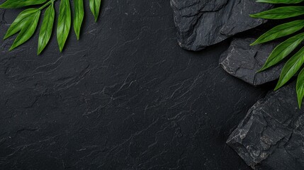 Dark stone background with green leaves; wellness, spa, nature