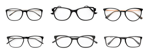 a collection of six pairs of eyeglasses arranged in two rows the designs vary in shape and color. highlighting different styles and frames this visual serves as a resource for those seeking eyewear op