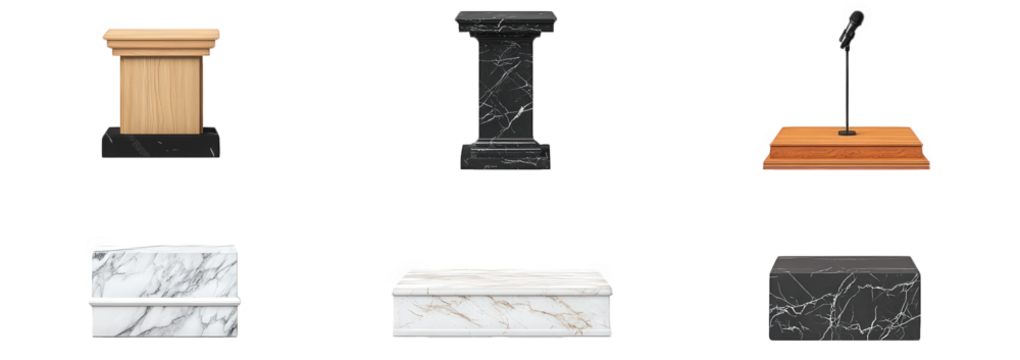 collection of six podiums and display stands in varying materials. including wood. black marble. and white marble. designed for presentations or ceremonies the designs range from simple to ornate. sui