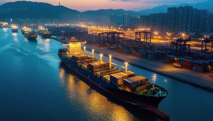 Vibrant Night View of Cargo Ship Docking at Port with Array of Shipping Containers and City Lights Reflecting on Water Surface in Harbor Setting
