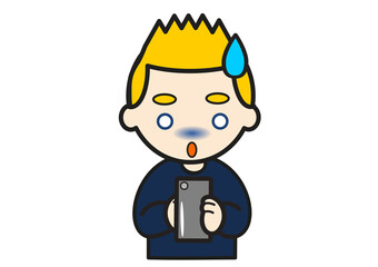 スマートフォンを持って青くなる金髪男性