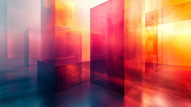 A digital composition featuring multiple layers of transparent geometric shapes, glowing in soft pastel colors. 447