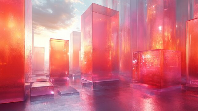 A digital composition featuring multiple layers of transparent geometric shapes, glowing in soft pastel colors. 448