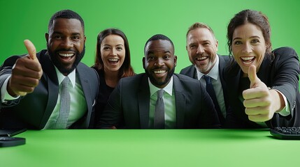 Diverse Business Team Celebrating Success and Teamwork in Front of Green Screen