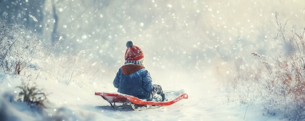 Fototapeta premium Boy playing in the snow with a sled, joyful winter activity.
