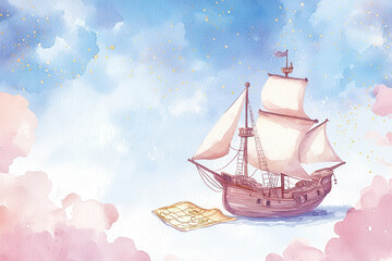 Watercolor illustration pirate captain Themed, whimsical pirate ship sailing through dreamy sky with clouds