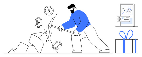 Man mining cryptocurrency with a pickaxe among rocks, surrounded by currency symbols. Financial graph and gift box are featured. Ideal for finance, investment, cryptocurrency, blockchain, mining