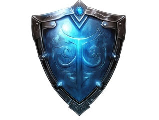 stylized blue shield with intricate designs. conveying a sense of protection and strength the shield is adorned with a glowing gem at the top. suggesting a magical or fantasy theme its polished metall