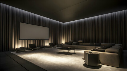 Luxury home theater, cinematic screen, ambient lighting, city view
