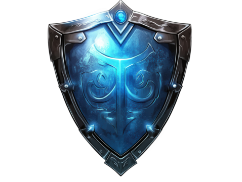 stylized blue shield with intricate designs. conveying a sense of protection and strength the shield is adorned with a glowing gem at the top. suggesting a magical or fantasy theme its polished metall