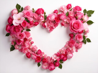 Obraz premium A heart shape of pink and red flowers, roses, Background ideal for themes like Valentine's Day or weddings.