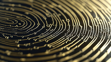 Fototapeta premium Abstract closeup of a golden fingerprint circuit pattern on a dark background. Ideal for technology, security, or futuristic concepts.