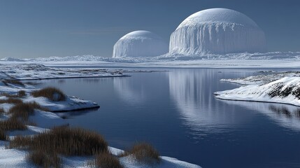 Frozen landscape, domes reflecting, winter, serene