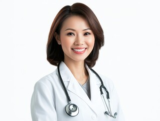Fototapeta premium Confident medical professional in white coat with stethoscope, healthcare expertise and care.