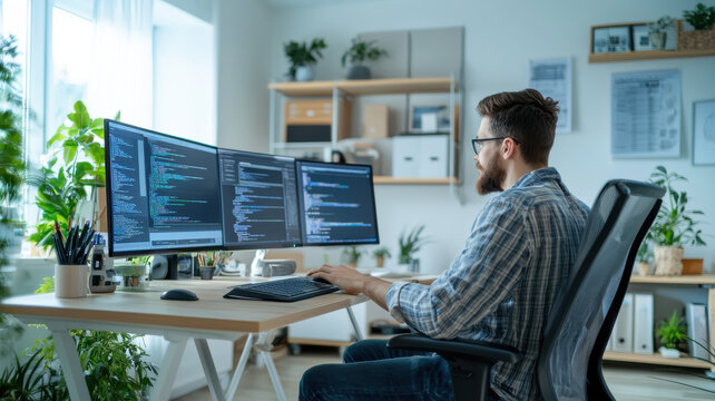 modern desk setup featuring man coding on dual monitors surrounded by plants