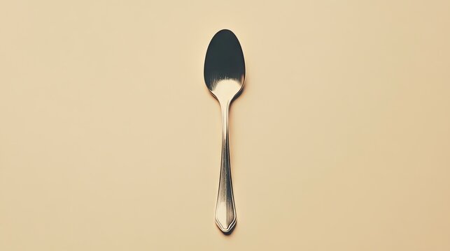 A silver spoon with a shadow effect on a muted beige background, positioned slightly off-center for text space.