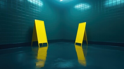 Intriguing contrast, a yellow door in bluewalled room with dramatic lighting yellow