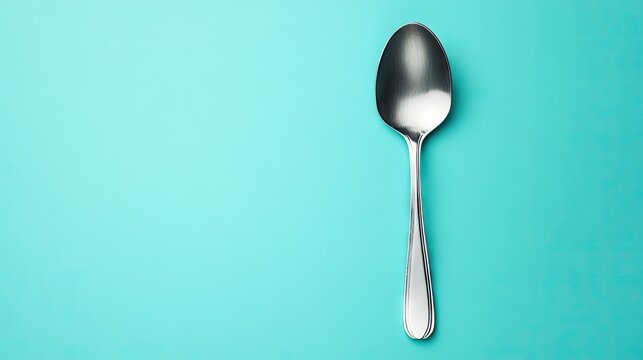 A simple silver spoon on a soft pastel blue background, positioned centrally with negative space around.
