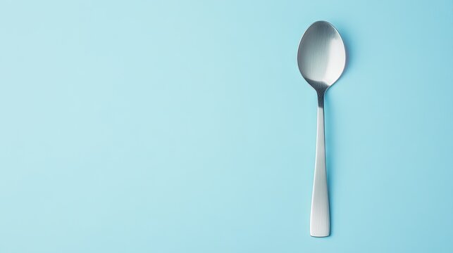 A simple silver spoon on a soft pastel blue background, positioned centrally with negative space around.