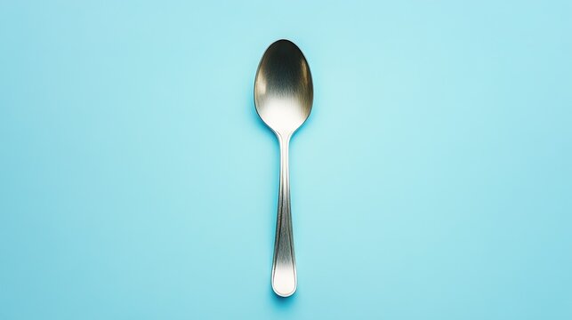 A simple silver spoon on a soft pastel blue background, positioned centrally with negative space around.