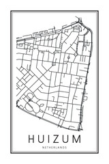 Printable downtown road map poster of the Dutch city of HUIZUM on solid white background with city name