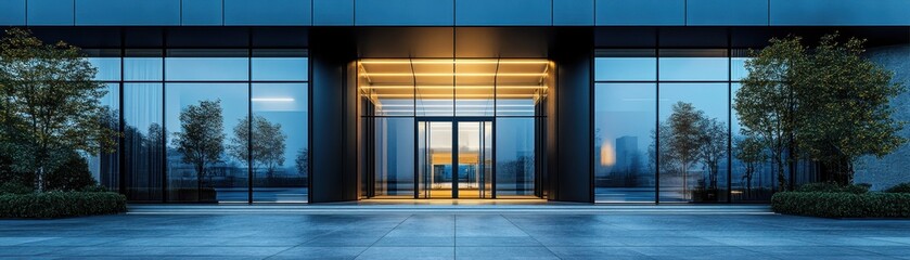 Fototapeta premium Modern Office Building Entrance with Glass Facade and Warm Lighting at Dusk, Featuring Symmetrical Design and Urban Landscape