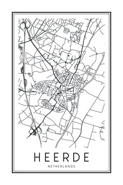 Printable downtown road map poster of the Dutch city of HEERDE on solid white background with city name