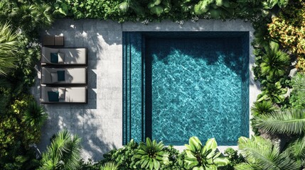 Top-down shot of a chic pool area with elegant, comfortable seating, vibrant greenery, and crystal-clear water