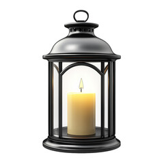 decorative lantern with a black metal frame. enclosing a warm. glowing candle the lantern is designed to provide ambiance and illumination. making it suitable for indoor or outdoor settings. enhancing
