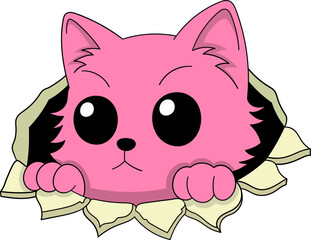 Cute Pink Cartoon Cat Peeking Out of a Hole